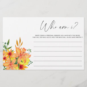 Papeterie Fleurs aquarelles Qui suis-je jeu de baby shower d