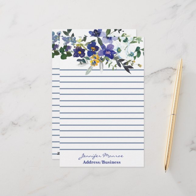 Papeterie Fleurs d'aquarelle bleu et jaune personnalisées (Devant/Arrière en situation)