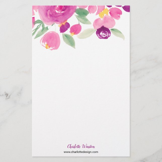 Papeterie Fleurs d'aquarelle florale pourpre rose moderne (Devant)