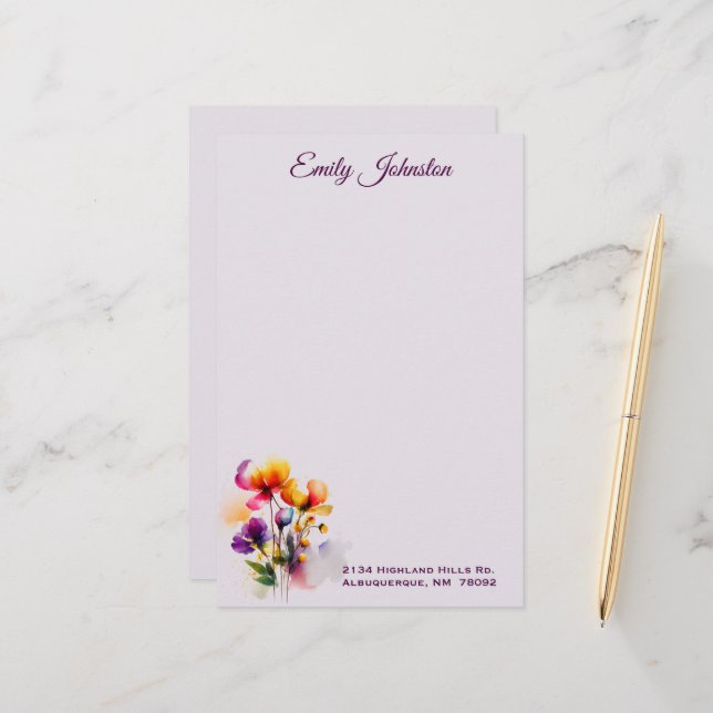 Papeterie Fleurs d'aquarelle Lavender Papier à lettres perso (Devant/Arrière en situation)