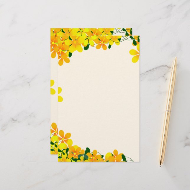 Papeterie Fleurs de bordure orange et jaune (Devant/Arrière en situation)