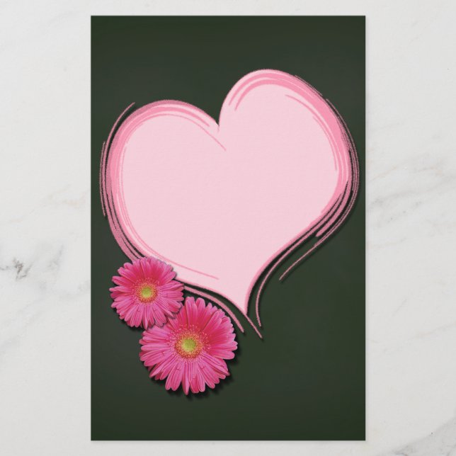 Papeterie Fleurs de coeur roses - Papier à lettres (Devant)