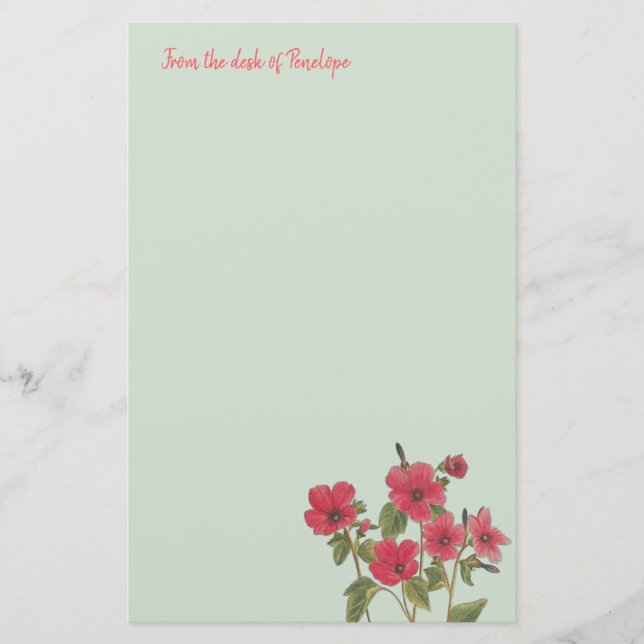 Papeterie Fleurs sauvages roses sur Sage Green avec nom Flor (Devant)