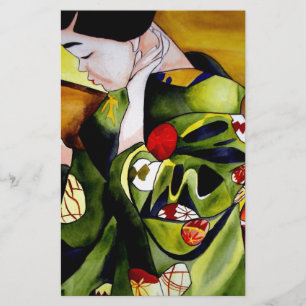 Papeterie Geisha avec kimono vert olive