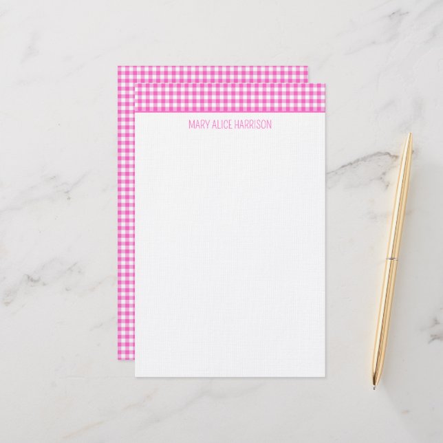 Papeterie Gingham à carreaux rose et blanc personnalisé (Devant/Arrière en situation)