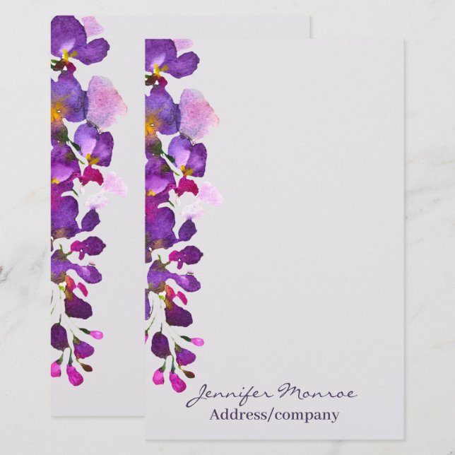 Papeterie glycine violette personnalisée (Devant / Derrière)