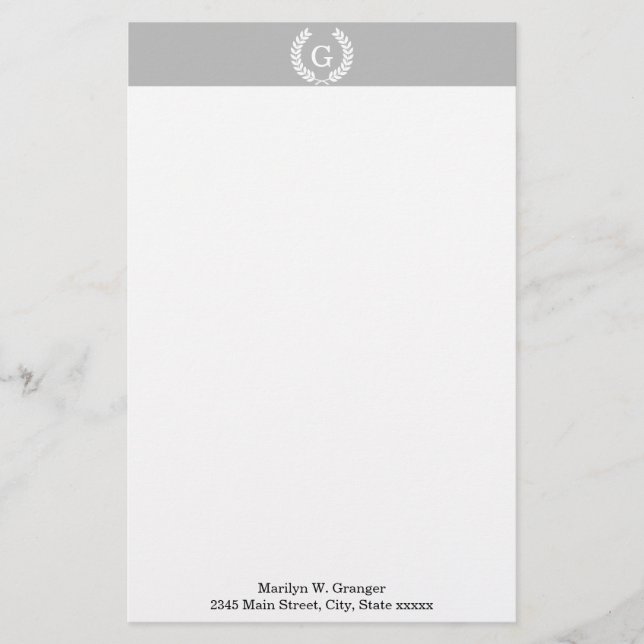 Papeterie Gris Blanc Blé Laurel Wreath Initial Monogramme (Devant)