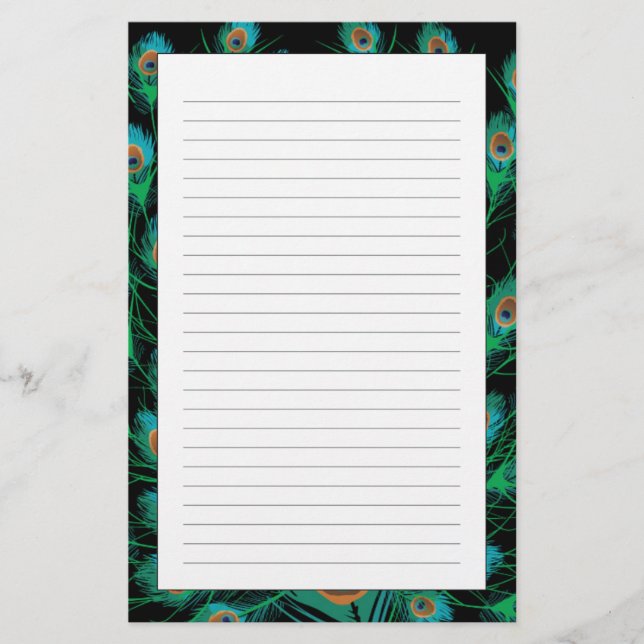 Papeterie Illustration avec des plumes de paon sur le noir (Devant)