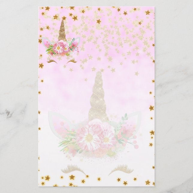 Papeterie Imaginaire rose et étoiles d'or licorne (Devant)