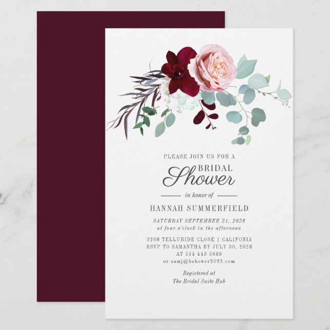 Papeterie Invitation à la douche nuptiale rose fleurie (Devant / Derrière)