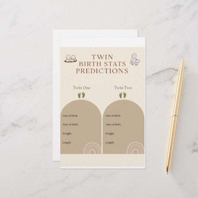 Papeterie Jeu Baby shower jumeau - Statistiques de naissance (Devant/Arrière en situation)