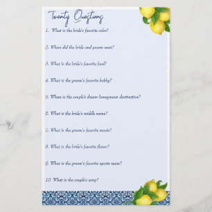 Papeterie Jeux de douche nuptiale 20 questions jeu