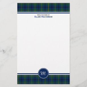 Papeterie Johnston Clan Tartan Monogramme bleu et vert plaid