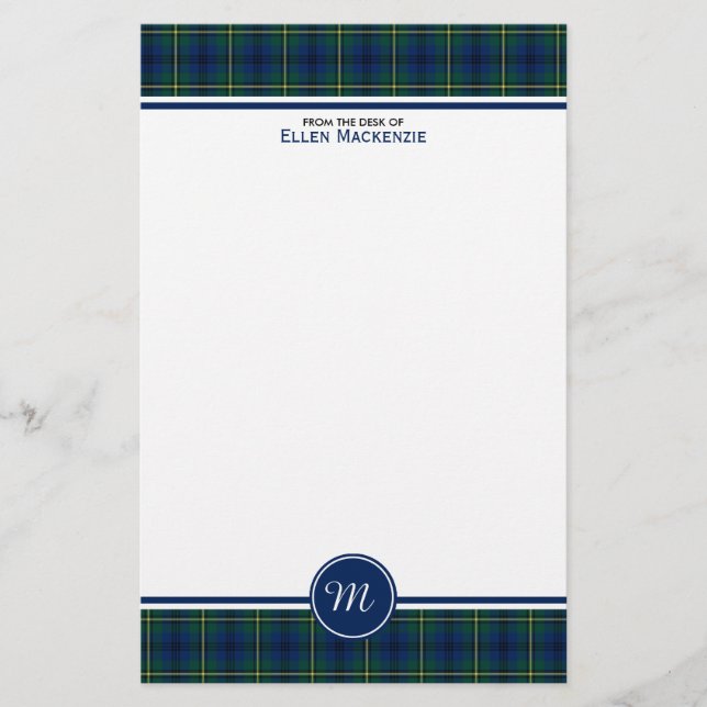 Papeterie Johnston Clan Tartan Monogramme bleu et vert plaid (Devant)