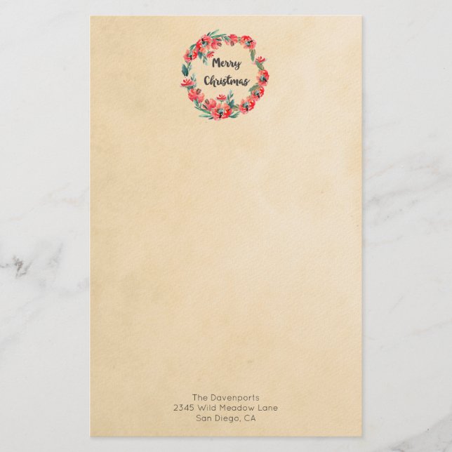 Papeterie Joyeux Noël Rouge Floral Aquarelle Wreath (Devant)