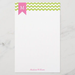 Papeterie Kiwi Green Chevrons Motif et Monogramme rose