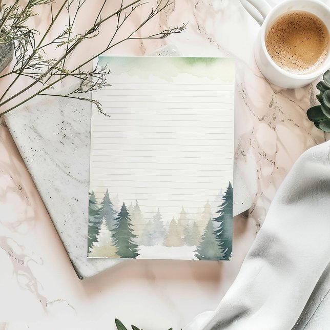 Papeterie Les pins verts sur le thème de l'hiver sont aligné (Watercolor forest lined stationery with pine tree border and soft green accents.)