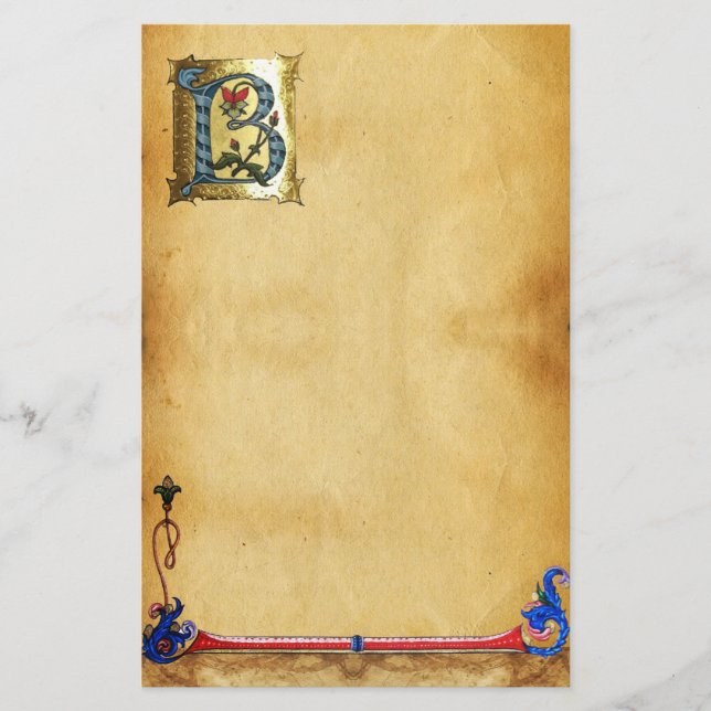 PAPETERIE LETTRE BLEUE OR B AVEC MONOGRAM FLEURS (Devant)