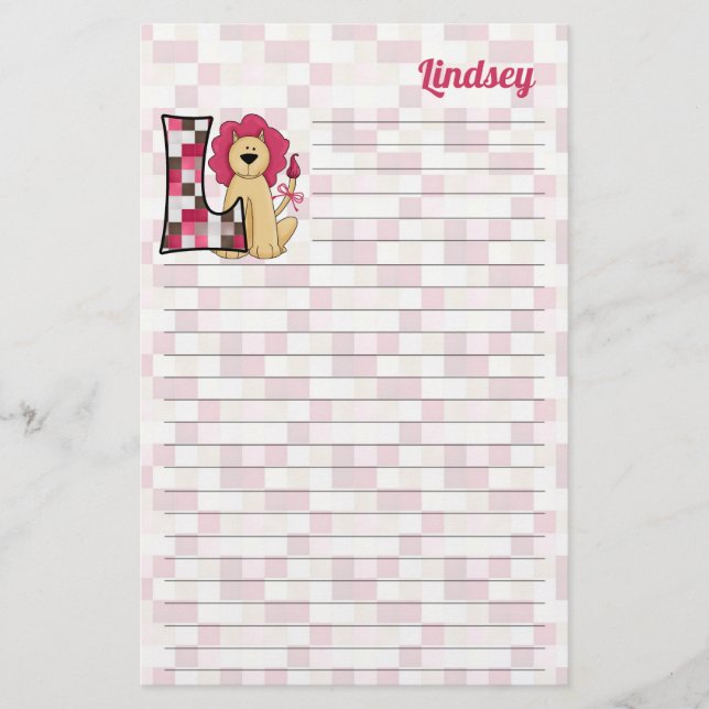 Papeterie Lettre L Lion rose Monogramme Linked avec le nom (Devant)