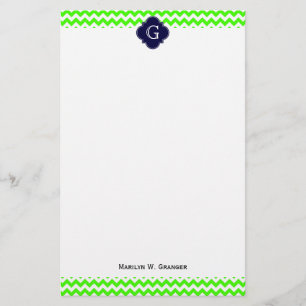 Papeterie Lime Green Chevron Navy Blue Quatrefoil Monogramme