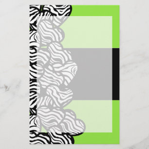 Papeterie Lime vert noir blanc zèbre motif nom du coeur