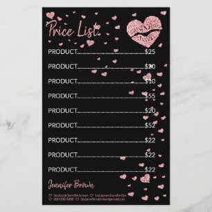 Papeterie Liste des prix du maquillage à lèvre Coeur de Part