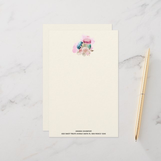 Papeterie Macarons et fleurs colorés Aquarelle (Devant/Arrière en situation)