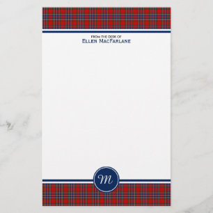 Papeterie MacFarlane Clan Tartan Monogramme rouge et bleu pl