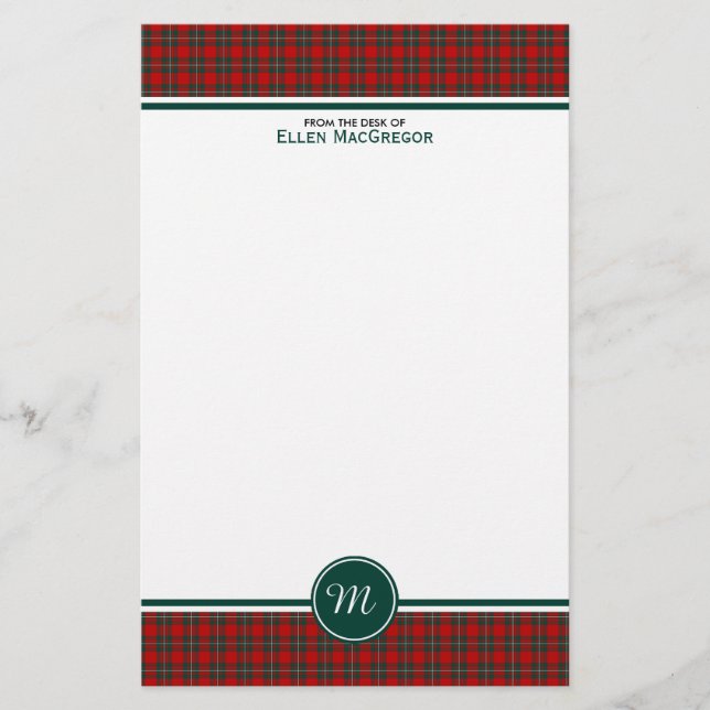 Papeterie MacGregor Clan Tartan Monogramme à plis rouge et v (Devant)