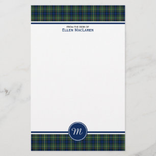 Papeterie MacLaren Clan Tartan Monogramme bleu et vert plaid
