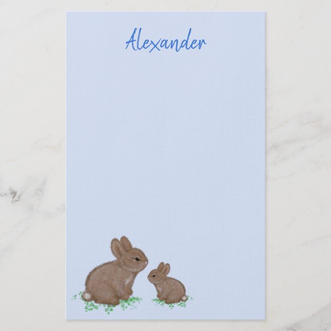Papeterie Maman mignonne et lapin bébé en bleu de trèfle (Devant)