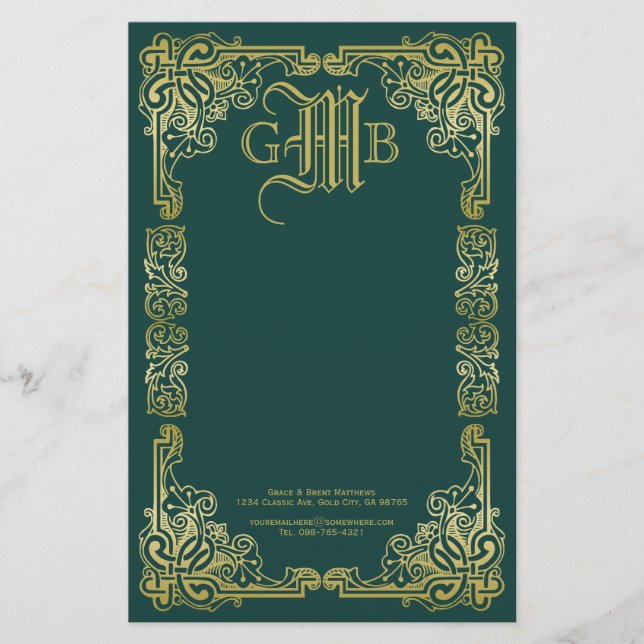 Papeterie Mariage Monogramme Classic Gold Frame Dark Green (Devant)