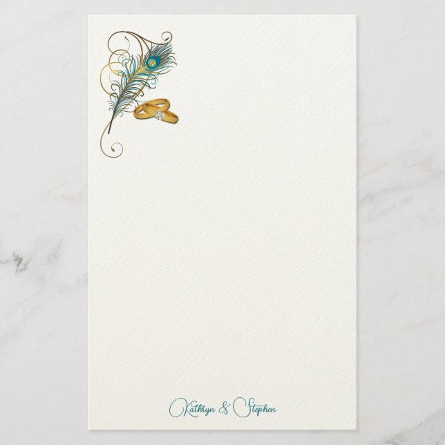 Papeterie Mariage turquoise de paon avec des alliances d'or (Devant)