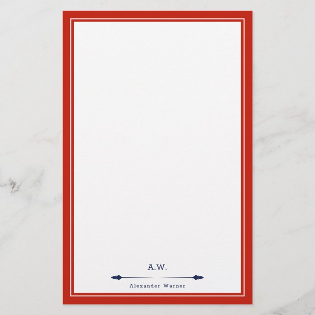 Papeterie Masculine Elégant Rouge Marine Bleu Monogramme (Devant)
