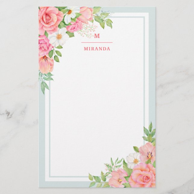 Papeterie Monogramme Aquarelle Ombre Floral Rose (Devant)