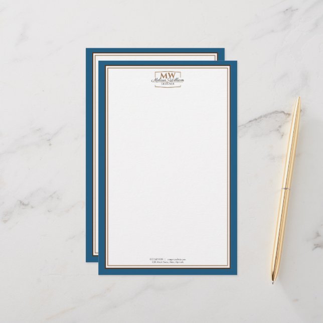 Papeterie Monogramme blanc bleu simple (Devant/Arrière en situation)