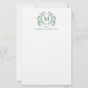Papeterie Monogramme Classique de Crête Florale Verte Vintag