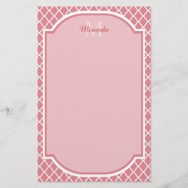 Papeterie Monogramme de Quatrefoil Rose Chic Avec Nom (Devant)