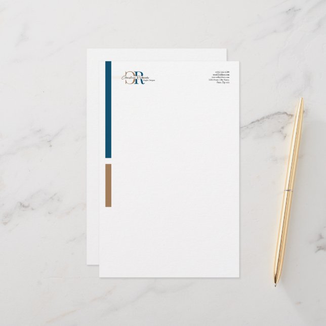 Papeterie Monogramme d'or bleu simple (Devant/Arrière en situation)