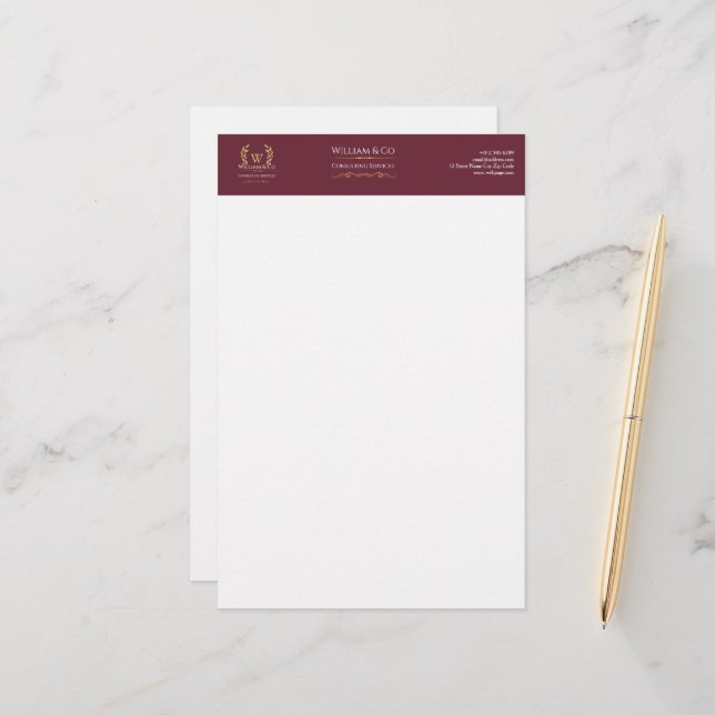 Papeterie Monogramme d'or de la couronne de laurier classiqu (Devant/Arrière en situation)