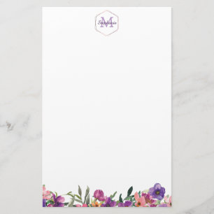Papeterie Monogramme floral rose et bleu violet de frontièr