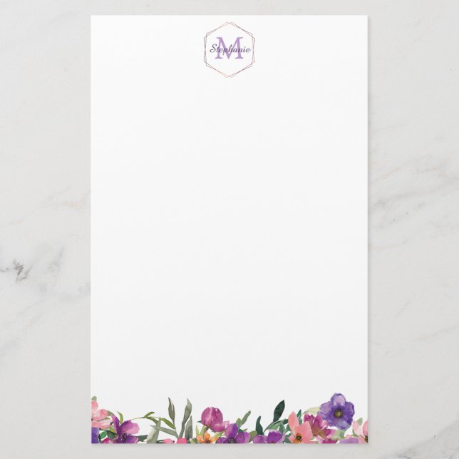 Papeterie Monogramme floral rose et bleu violet de frontière (Devant)