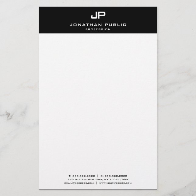 Papeterie Monogramme Noir et Blanc Modèle Moderne Élégant (Devant)