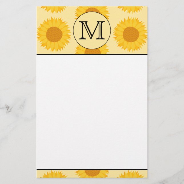 Papeterie Monogramme personnalisé, avec tournesol jaune. (Devant)