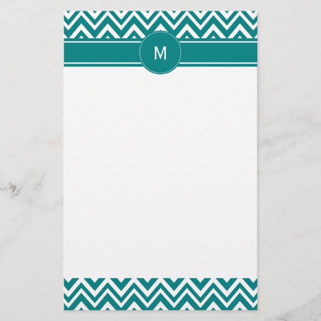 Papeterie Monogramme Turquoise et blanc Motif Chevron (Devant)