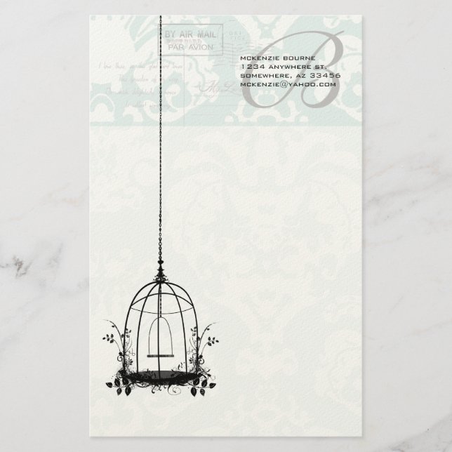 Papeterie Monogramme Vintage Birdcage Pastel Blue Floral (Devant)