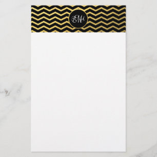 Papeterie Motif Chevron Noir et Or Triple Monogramme