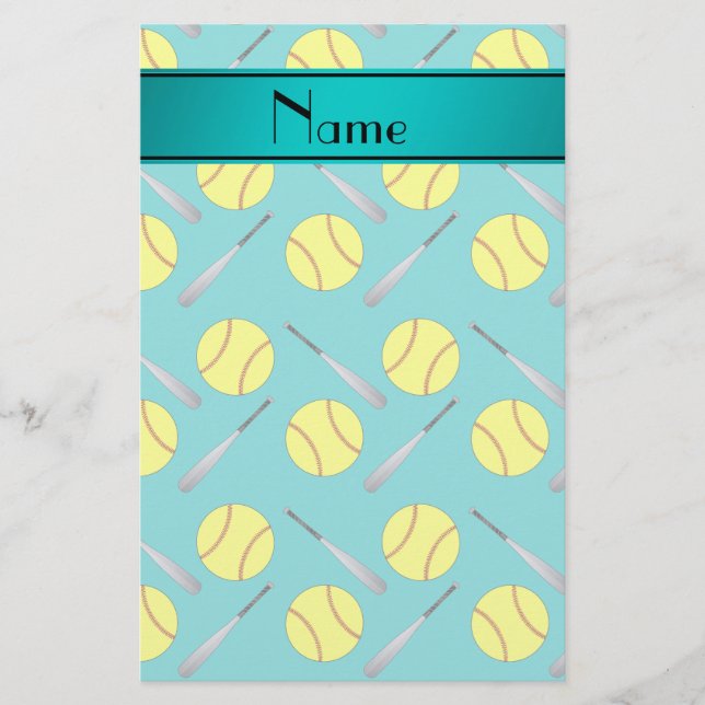 Papeterie motif de softball turquoise de nom personnalisé (Devant)