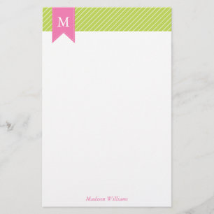 Papeterie Motif diagonal vert de rayures et monogramme rose