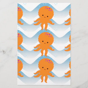 Papeterie Motif Octopus Orange Et Vagues Bleues